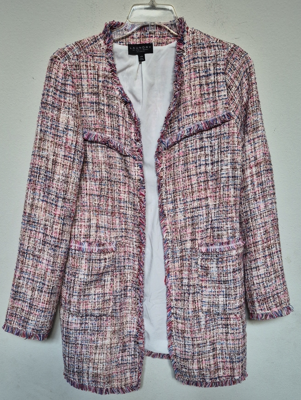Laundry by Shelli Segal Pink Multi-Color Tweed Open Front Blazer Size Large